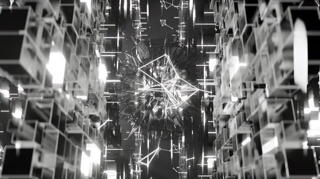 A geometric luminous sphere surrounded by platforms and lights in an abstract technological environment. Video loop seamless synchronized at 120 bmp
