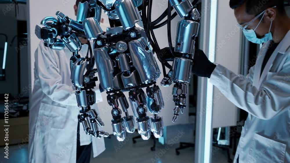 Poster innovative robotics team develops advanced humanoid robot in high-tech lab setting
