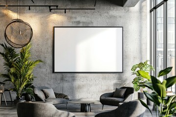 A modern office setting with a large blank frame on a concrete wall, surrounded by minimalist decor and neutral lighting. 