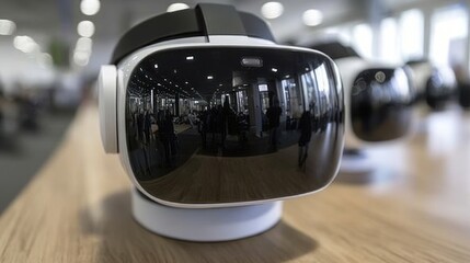 VR headset display, expo, tech, reflection, future