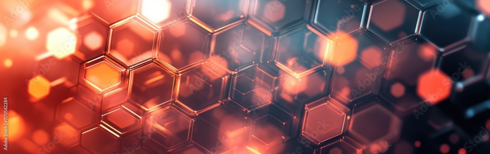 Poster futuristic abstract background featuring glowing hexagonal shapes and vibrant light reflections