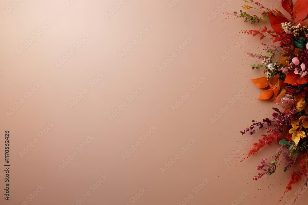 Poster Brightly colored flowers and leaves are beautifully arranged on a soft pastel background, creating a cheerful and lively atmosphere perfect for any design project