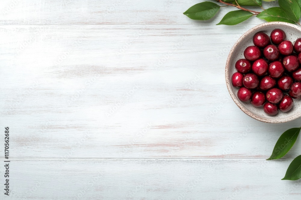 Poster organic cherries are arranged in a rustic bowl atop a weathered white wooden table, accompanied by s