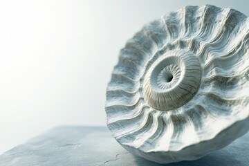 Obraz premium A fossilized ammonite, a spiral-shaped shelled cephalopod, rests on a smooth surface.