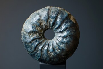 A mesmerizing dark blue stone sculpture, circular with a central hole, exhibiting intricate, wave-like patterns.