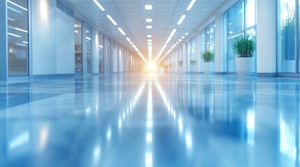 Fototapeta premium Sunlit modern office hallway, bright floor, plants, windows