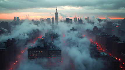 Foggy urban skyline at dusk with skyscrapers and city lights.
