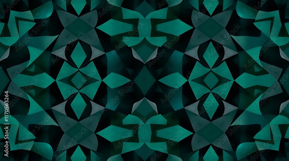 Poster teal geometric kaleidoscope: abstract seamless pattern with a mesmerizing kaleidoscopic design in sh