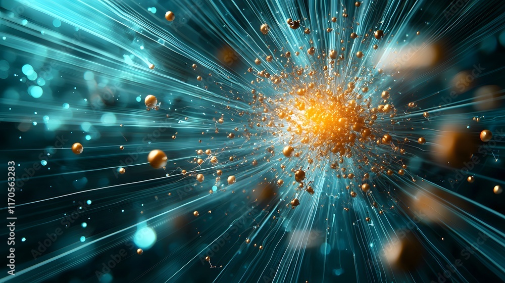 Poster quantum model visualizing energy conservation and particle diffusion across a dynamic system with mi