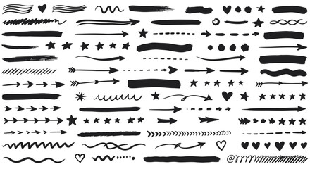 Hand Drawn Doodle Elements Arrows, Hearts, Stars, and Brush Stroke Vector Set.