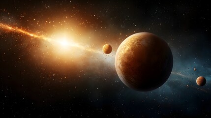 Obraz premium Quantum simulation visualizing the law of gravity in a two body system showcasing the gravitational forces between a planet and its moon leaving ample copy space at the top for design or text overlay