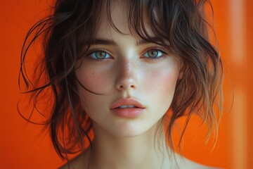 Man Portrait Tousled Hair Natural Light Minimalism Orange Background Beauty Skincare Makeup Cosmetics Hair Care Eye Makeup