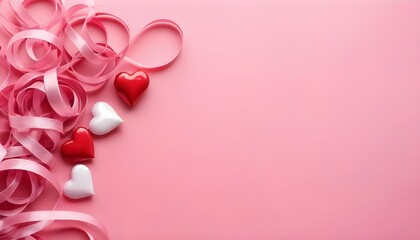 Fototapeta premium Valentine's Day is represented by heart-shaped ribbons entwined on a pink background. The horizontal layout provides selective focus and sufficient space for text.