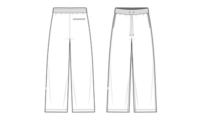 Track pants technical fashion illustration. Track pants vector template illustration. front and back view. Relaxed fit. Elastic waistband. Sports wear. white color. CAD mockup.
