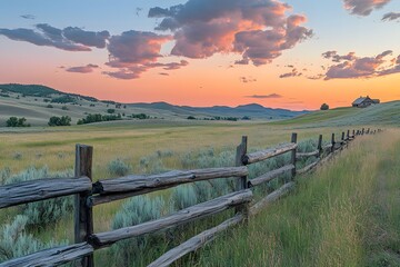 Obraz premium Sunset Over Rolling Hills With Rustic Fence And Farmhouse