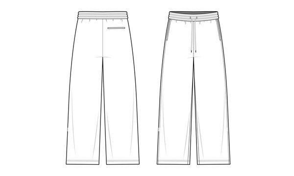Track pants technical fashion illustration. Track pants vector template illustration. front and back view. Relaxed fit. Elastic waistband. Sports wear. white color. CAD mockup.