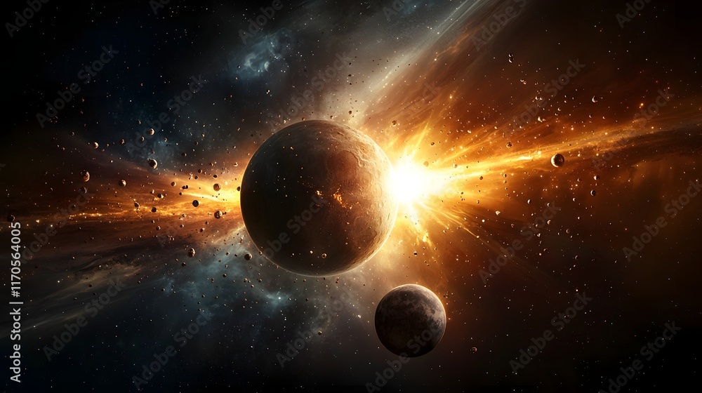 Poster quantum simulation of gravitational forces between planet and moon visualizing the laws of gravity i