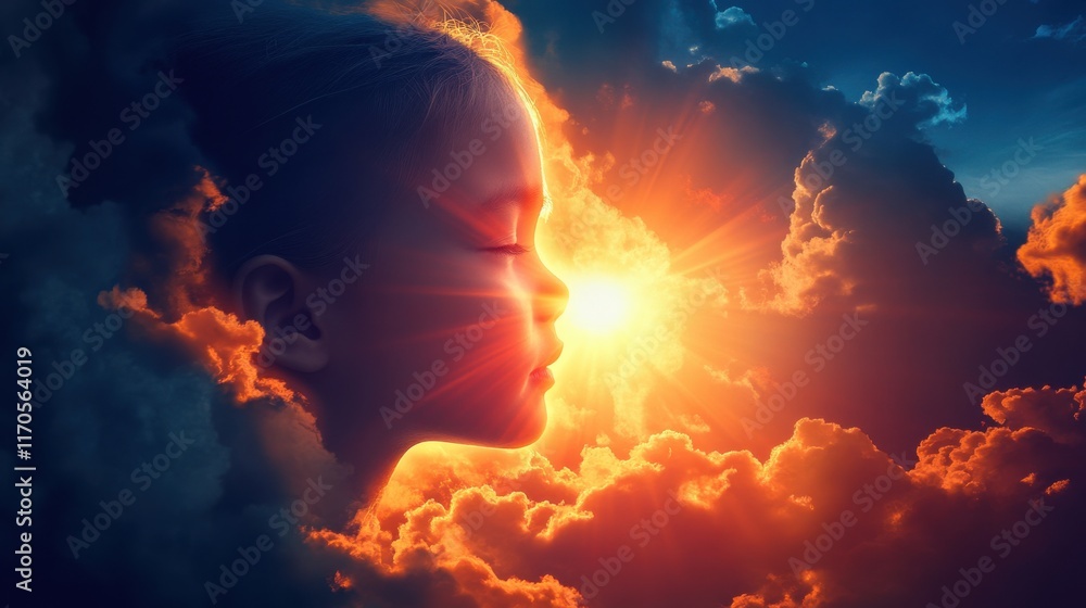 Poster vibrant visualization of a child's profile against a backdrop of colorful clouds and a radiant sun