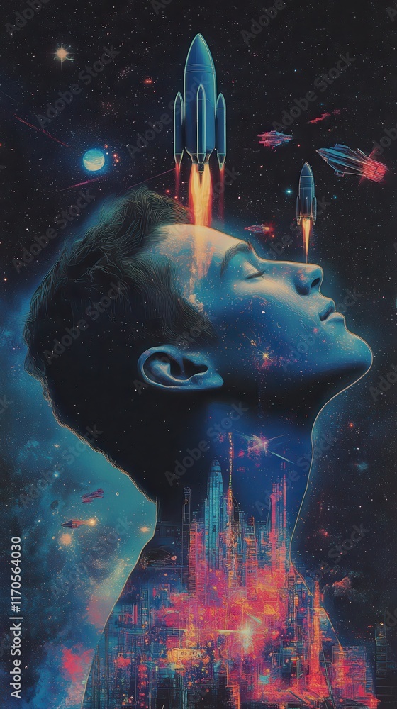 Poster vibrant visualization of a man's profile surrounded by cosmic elements and colorful rockets
