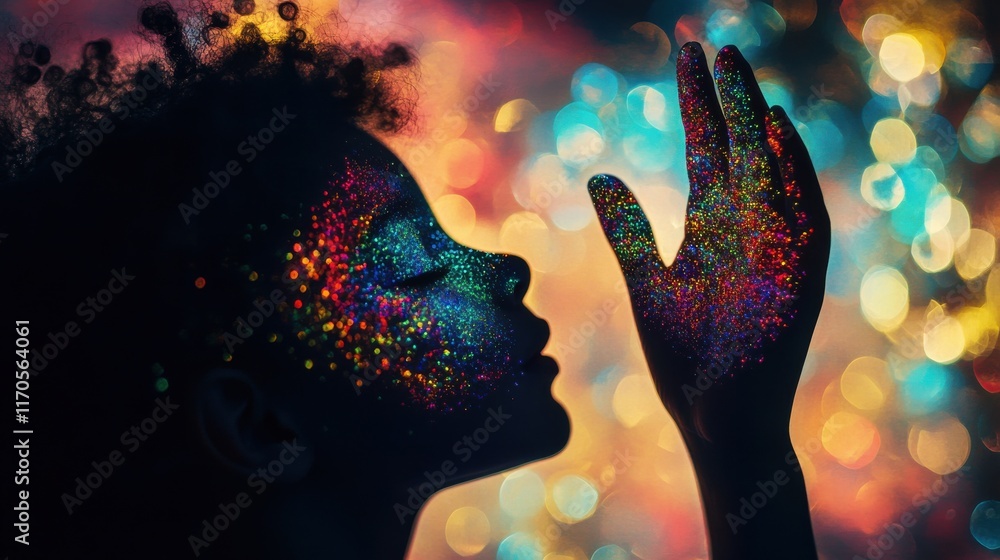 Poster vibrant silhouette of a child touched by colorful sparkles against a dreamy bokeh background