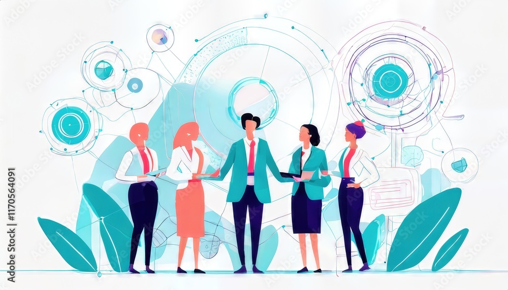 Poster dynamic business team collaborating and problem solving in a modern office environment, fostering in