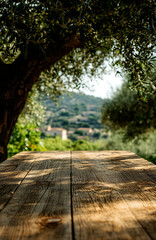 A rustic wooden table set in the foreground