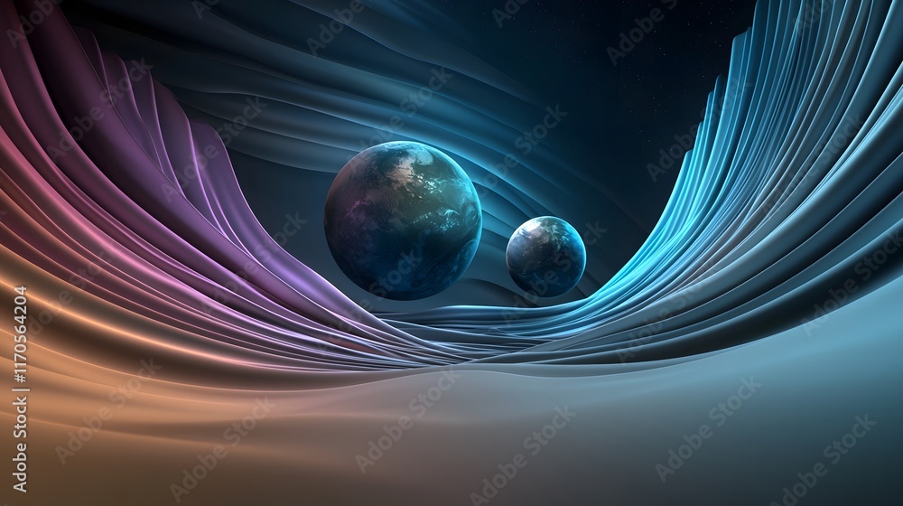 Poster captivating quantum simulation visualizing the gravitational forces at play between a planet and its