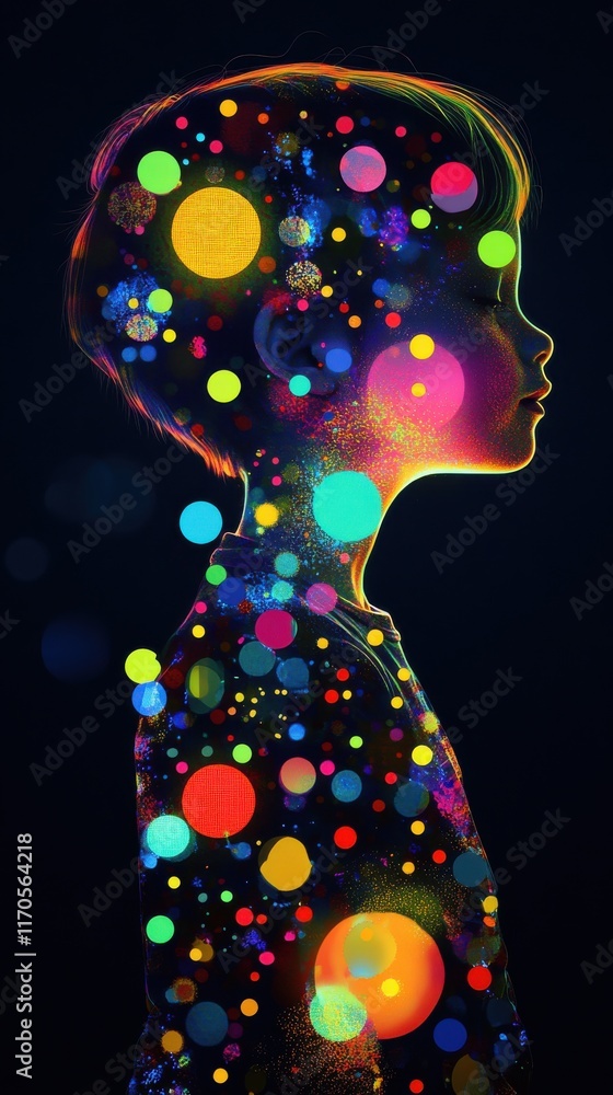 Leinwandbilder Vibrant visualization of a glowing child captured in a surreal light display with colorful patterns