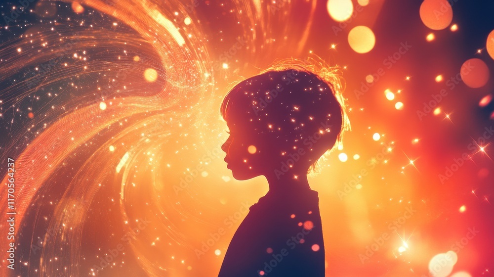 Poster vibrant visualization of a glowing child against a magical background of swirling colors and light