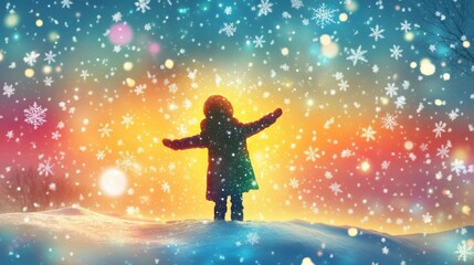 Vibrant visualization of a glowing child celebrating winter wonder in a snowy landscape during twilight