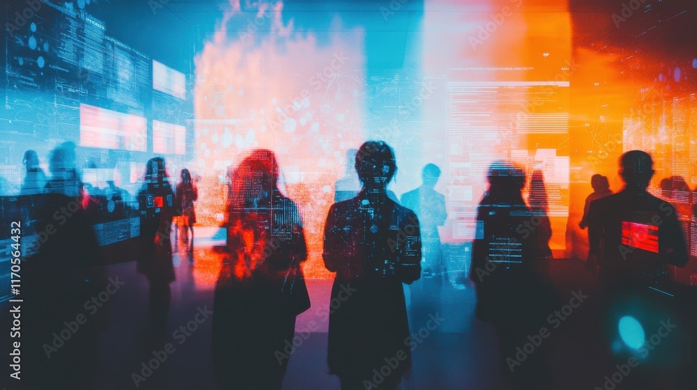 Aufkleber vibrant seminar setting with illuminated displays and engaged attendees in interactive learning envi