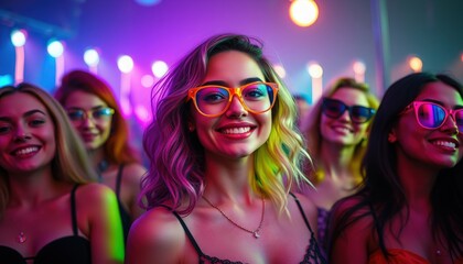 Energetic atmosphere filled with laughter and joy as a group of friends dance and enjoy each other's company amidst colorful lights, capturing the essence of nightlife and friendship
