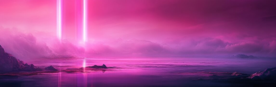 Vibrant magenta and purple celestial landscape with glowing beams illuminating tranquil waters at dusk