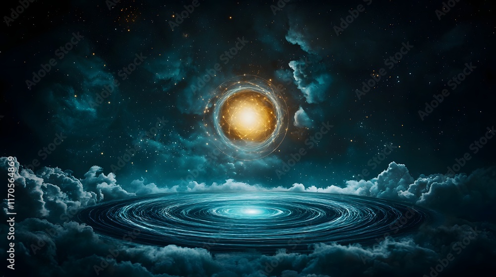 Poster quantum model illustrating gravitational waves and their impact on the space time fabric showing rip