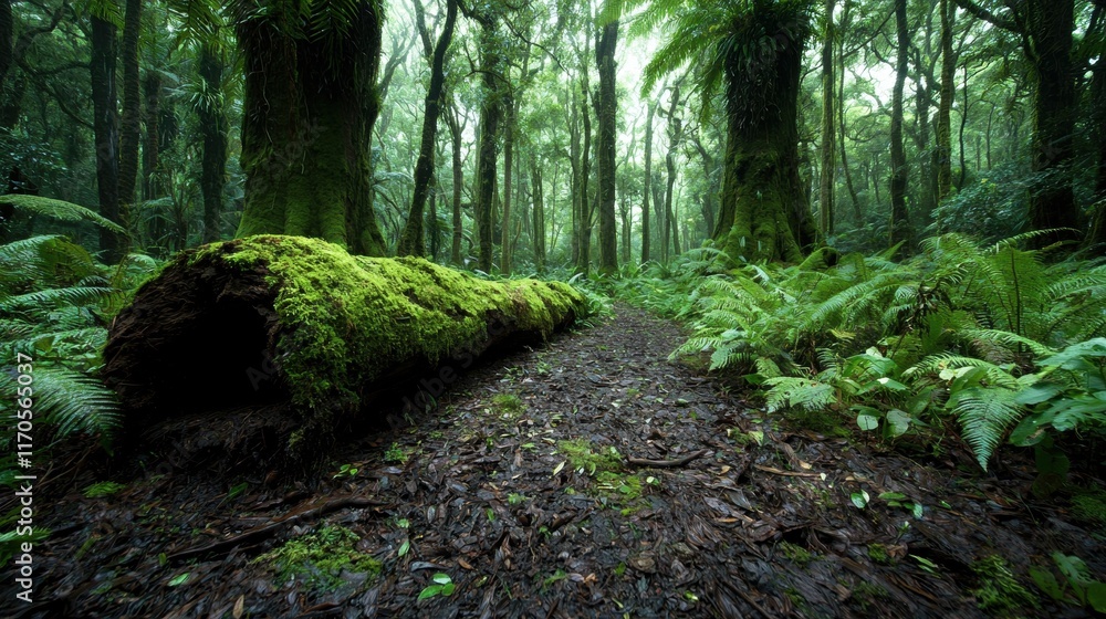 Poster a serene forest scene featuring lush greenery, towering trees, and a moss-covered log, creating a tr