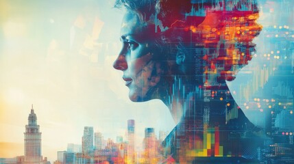 Vibrant blend of classic architecture and modern data visualization in an urban skyline