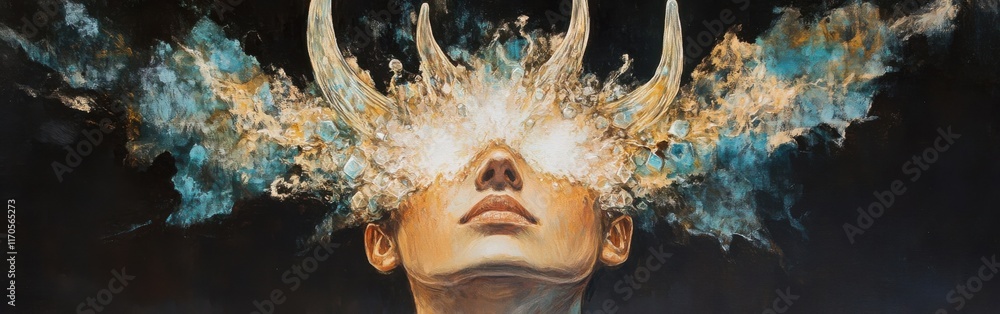 Poster Vibrant woman's face illuminated with unique glowing features and ethereal elements blending in a surreal portrait