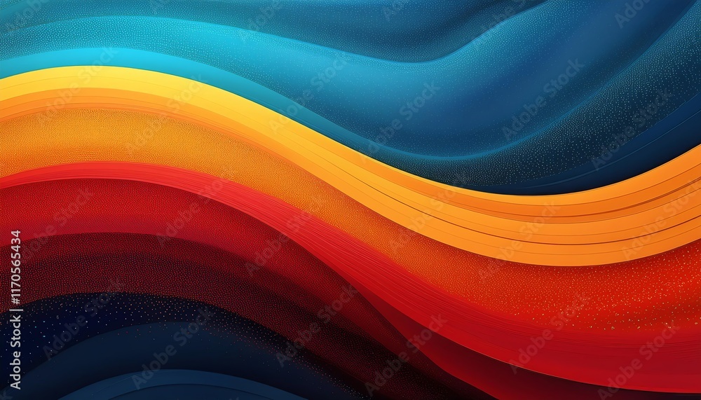 Poster a vibrant abstract wave pattern featuring dynamic gradients of blue, orange, and red, creating a sen