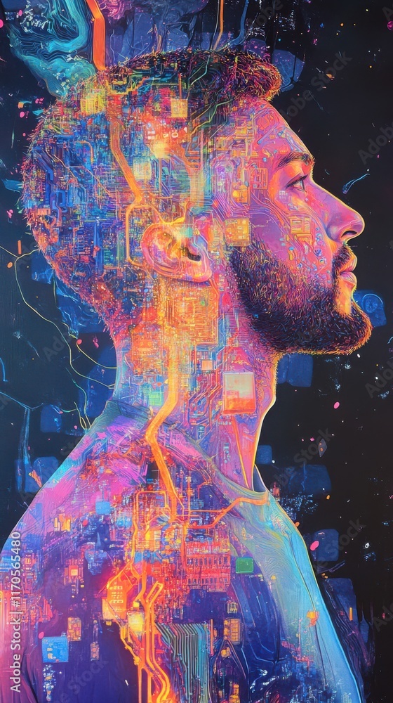 Poster vibrant profile of a man filled with colorful digital patterns and neon lights representing technolo