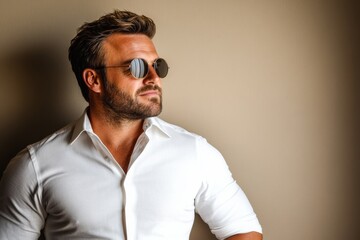Obraz premium A confident man is standing waist-up in a tailored cream shirt and sunglasses, captured under soft studio lighting against a beige background