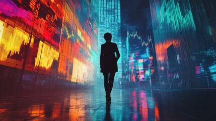 Trader standing confidently in vibrant financial market environment at night
