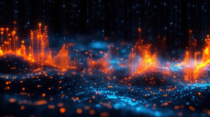 Obraz premium Abstract digital landscape, glowing particles, dark background, futuristic design, tech visuals