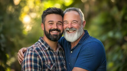Obraz premium Heartwarming embrace between a younger man and his father in a lush garden setting during a sunny afternoon