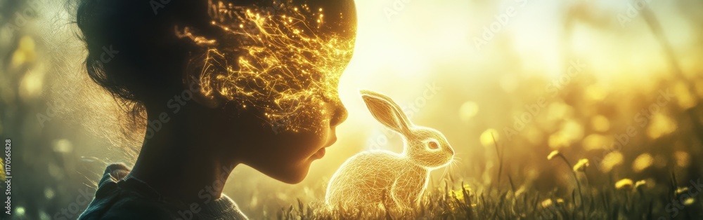 Poster surreal visualization of a child's profile with glowing features and a rabbit in a mystical landscap