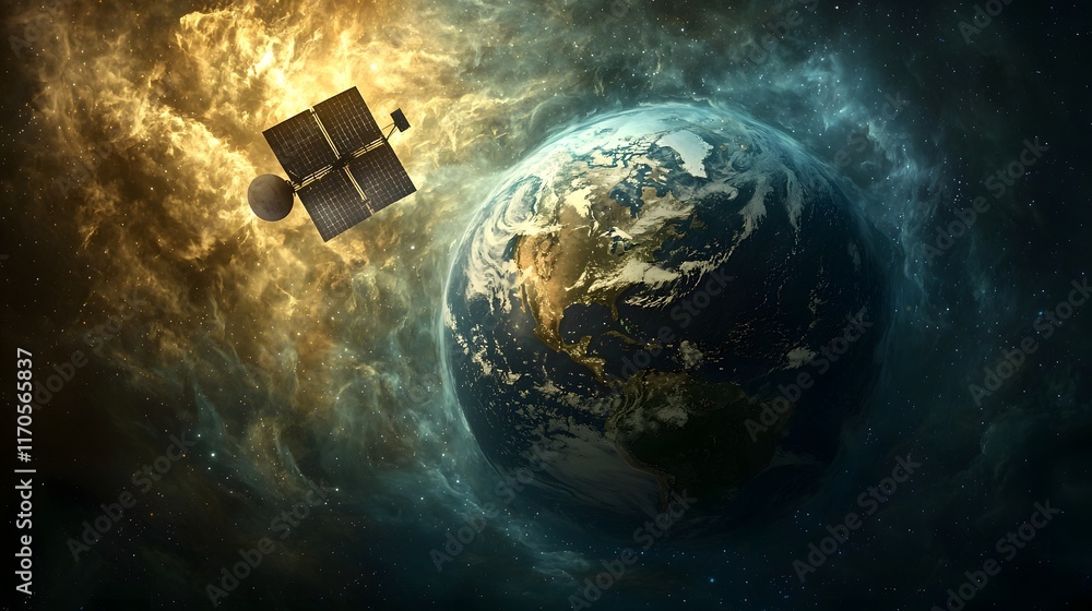 Poster quantum simulation of a satellite orbiting the earth visualizing the complex gravitational forces an