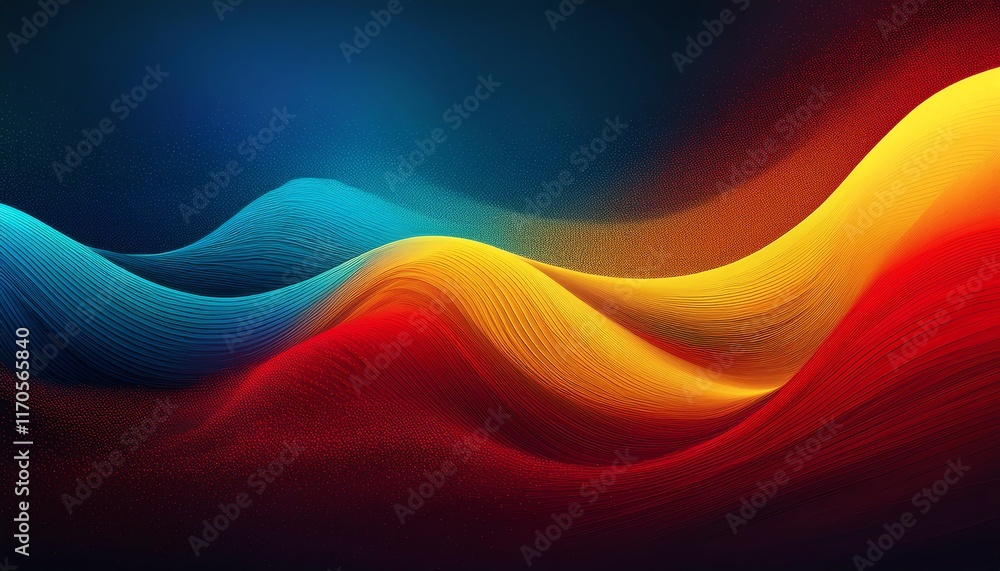 Poster a vibrant abstract design featuring flowing waves of blue, yellow, and red, creating a dynamic and c