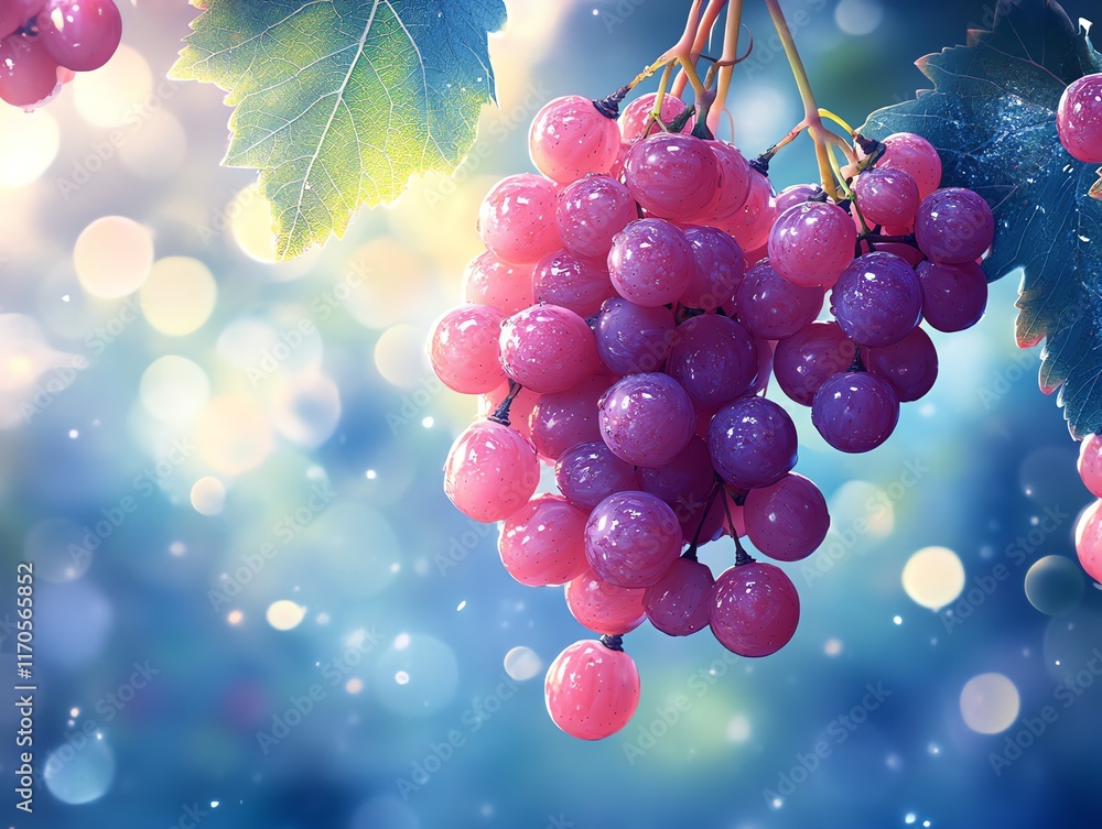 Poster close-up of a bunch of ripe pink grapes hanging from a vine with bokeh background.