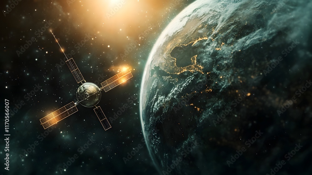 Poster quantum simulation showcasing the gravitational forces and orbital mechanics governing a satellite s
