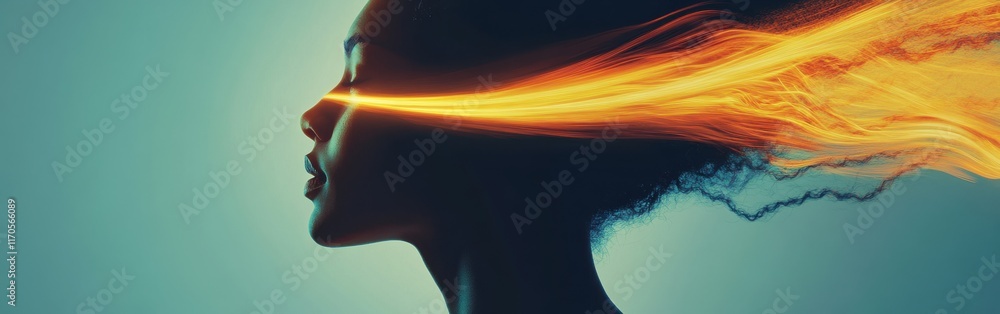 Poster surreal representation of a glowing woman expressing emotion and creativity in twilight