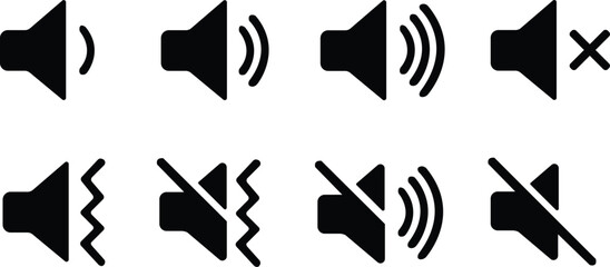 Volume icon set.Speaker icon set. volume icon vector. loudspeaker icon vector. Mute and unmute volume sound.Audio speaker volume on line art icon for apps and websites.Black volume sound icons.